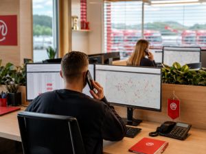 Bild von einem mann von hinten der am handy telefoniert, im hintergrund eine frau die am handy telefoniert. vor ihnen befinden sich 2 Bildschirme - es ist eine Bürosituation.